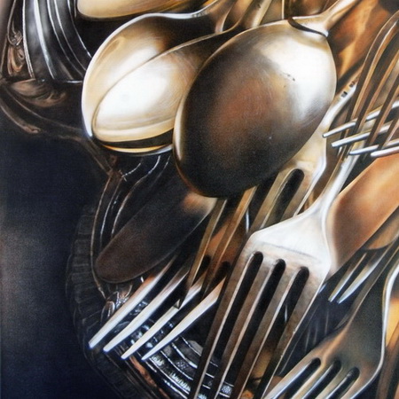 silver, gray, fork, spoon, vintage, airbrush, art, photorealistic, canvas, handmade, painting, cutlery, knife, tray, still life, tamas mike